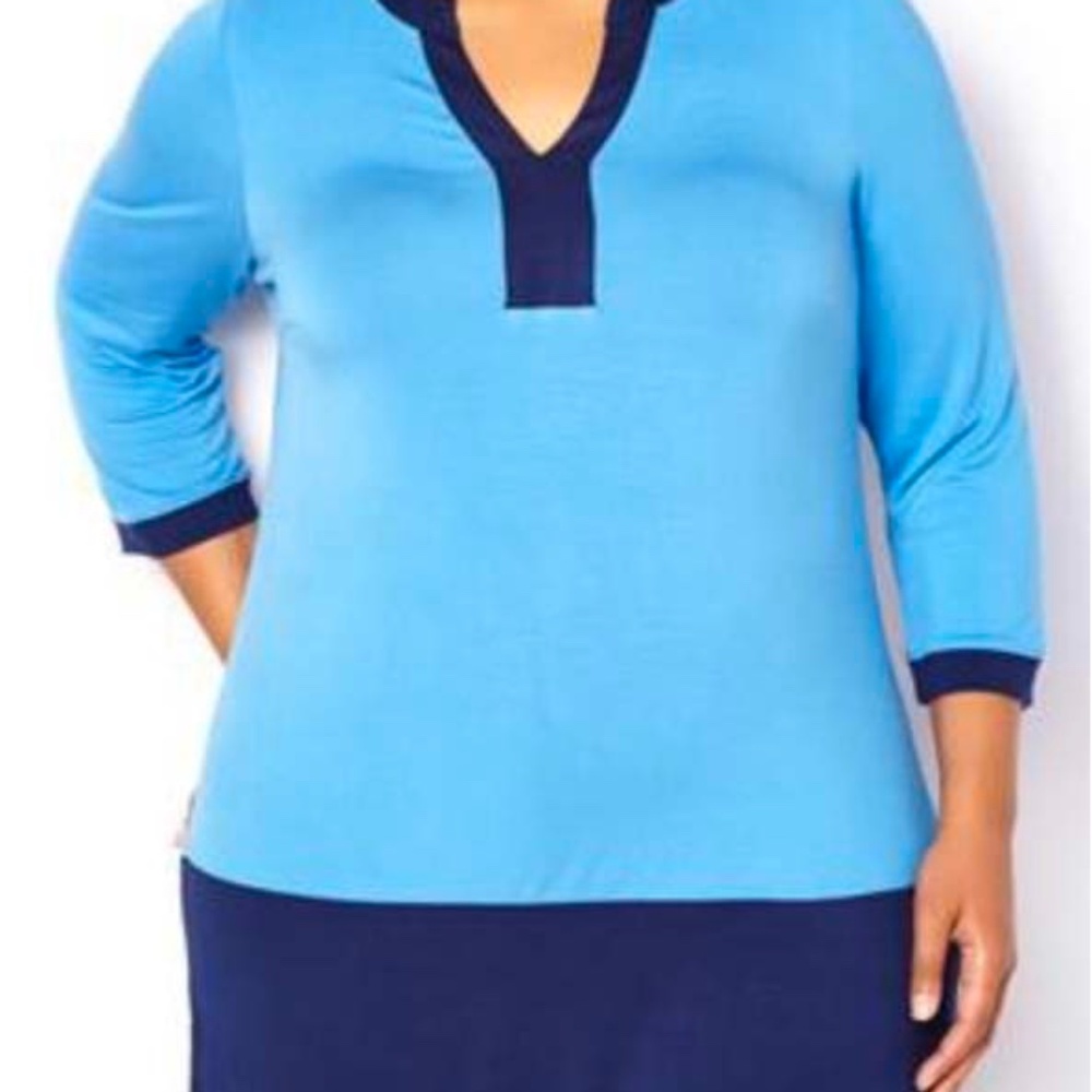 TUNIC, ¾ SLEEVE, TOP PROVENCE BLUE & NAVY BOTTOM, SIZE 4X, Vee NECK, RAYON/SPAND